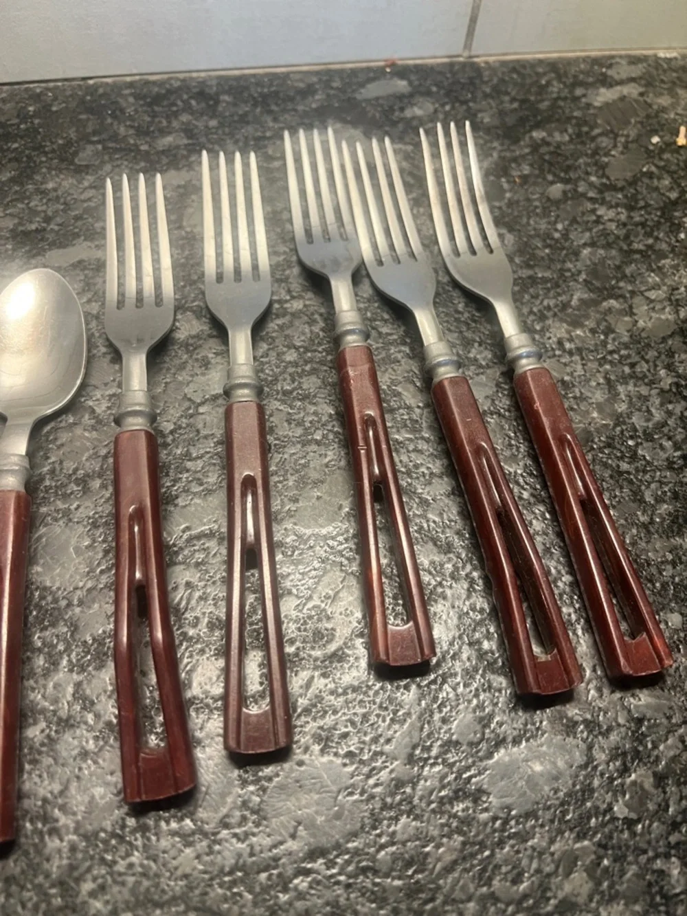 14 piece MCM Bakelite Brown Handle Stainless Steel Fork and Spoon Set - Stanhome